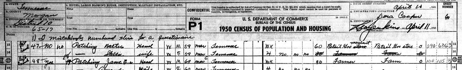 1950 census: Walter Patching, retail grocery merchant, on Highway 27 outside Oakdale