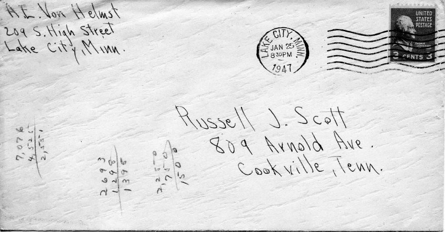 January 1947: a letter to Russell at 809 Arnold Avenue, Cookeville, while he was at Tennessee Tech