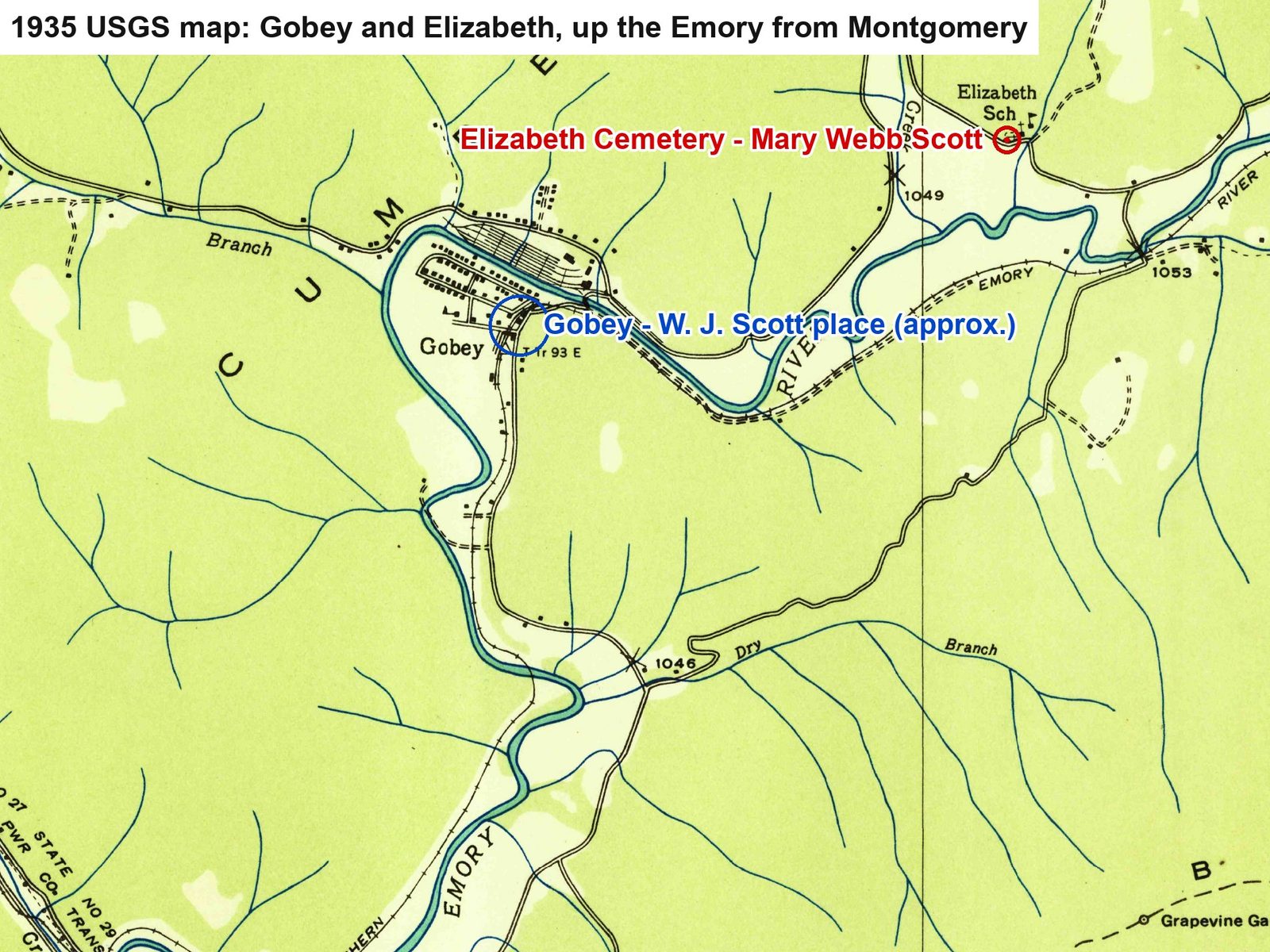 Up the Emory from Montgomery: Gobey, on land the Scotts once owned, and the Elizabeth Cemetery, where Mary Webb Scott was buried in 1854