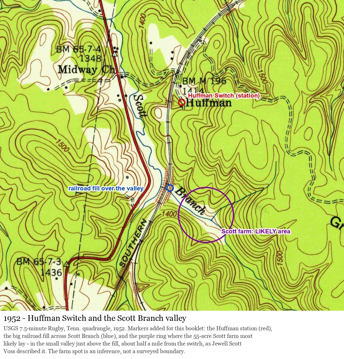 Huffman Switch and the little valley of Scott Branch, where the railroad fill crosses