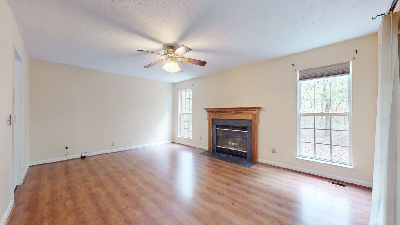The living room and its fireplace