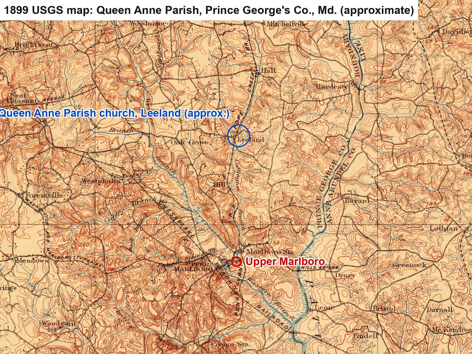 Queen Anne Parish around Leeland on an 1899 map