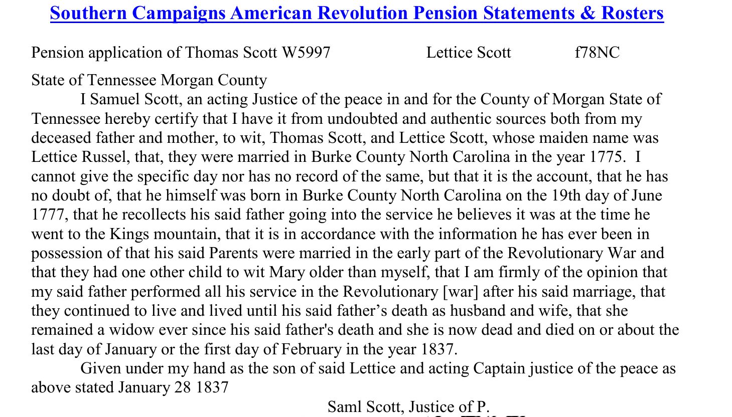 1837: Samuel Scott swears his parents married in Burke County in 1775 and he was born there June 19, 1777