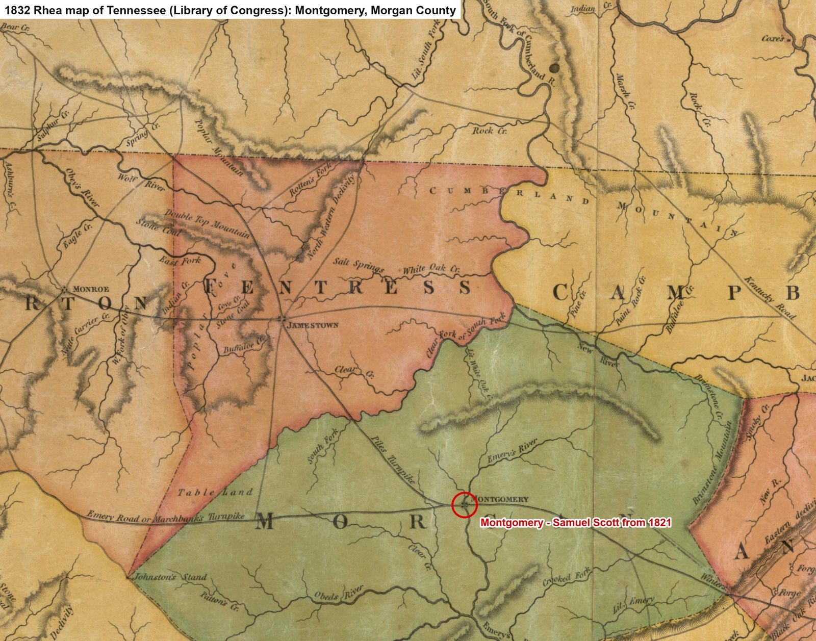 Montgomery on "Emery's River," Morgan County, on an 1832 map of Tennessee