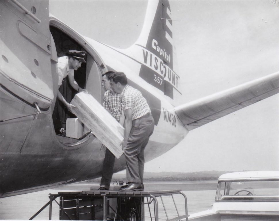 Loading cargo onto a Vickers Viscount airliner